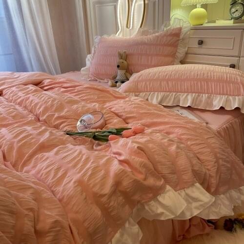 Lace quilt cover girl heart four piece set pink washed cotton student bed sheet dormitory three piece set spring