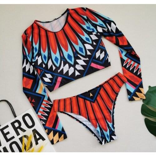 2021 Long Sleeve Swimsuit Female Print Bathing Suits Summer Beach Wear Swimming Set For Women Brazilian Plus Size Swimwear Women