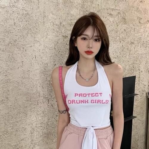 White Tank Top Printing Halter Neck Y2k Cropped Lace Up Cute Vest Tops Trendy Summer Clothes For Women 2021 Sexy Crop Top