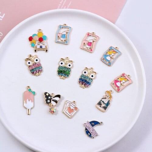 10pcs Diy Handmade Jewelry Accessories Alloy Drop Of Oil Rabbit Alice Girl Owl Earrings Wholesale Material