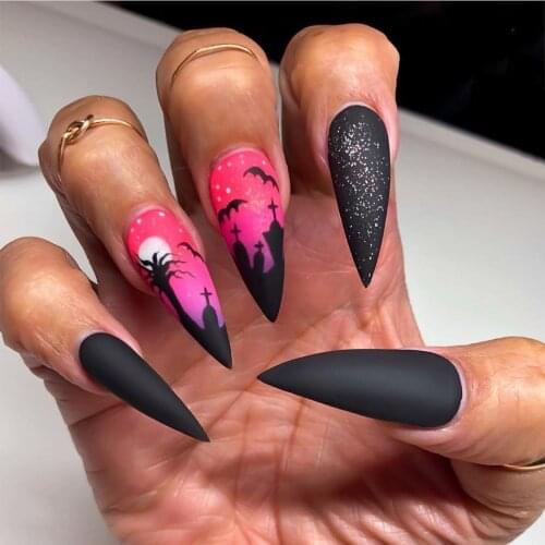 24pcs/Set Long Stiletto False Nails Punk Blood Skull Pattern Halloween Artificial Fingernail Decals Press On Nails Manicure Tool