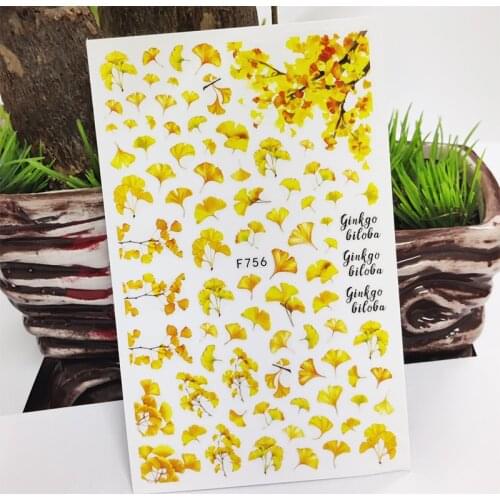 3D Nail Stickers Yellow Ginkgo Leaf Line Stickers for Nails Self-Adhesive Design Sticker for Manicure Decal Nail Art Decoration