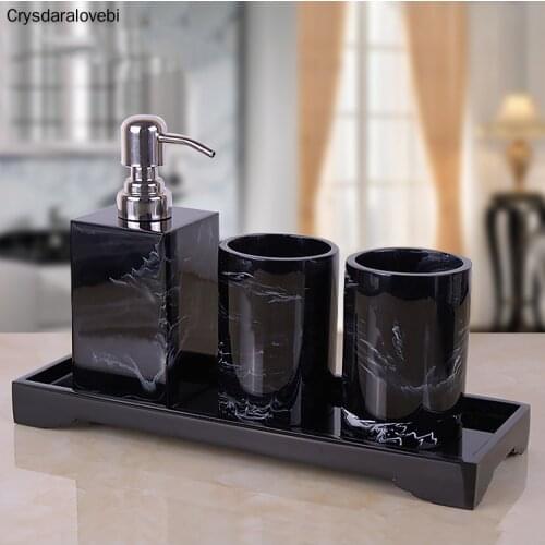 Black Marble Pattern Tray Resin Bathroom Set Toothbrush Holder Soap Dispenser Soap Dish Mens Bathroom Accessories Set Home Deco