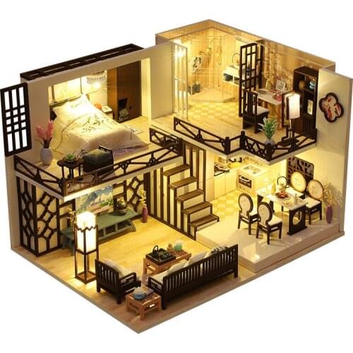 Kids Action Toys Wooden Blocks Handassembled Doll House Model Building Kit Toys Chinese Wind Villa Creative Girl Birthday Gifts