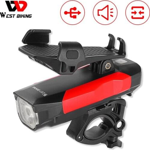 WEST BIKING 4in1 Bicycle Light Adjustable Phone Holder USB Rechargeable Power Bank Bike Horn Light Battery Display Cycling Light