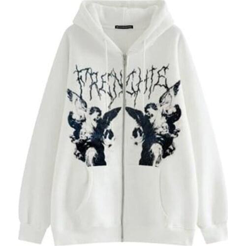 Print Oversized Hoodies Female Zip Up Long Sleeve Womens Sweatshirt Vintage Angel Y2K Aesthetic Autumn Winter Grunge Streetwea