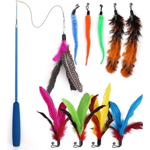 11 PCS Cat Toys Cat Feather Teaser Toys Retractable Cat Wand Toys Include Cat Wand and Natural Feather Refills for Kitten