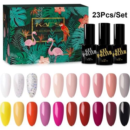 KADS 23 Pcs Gel Nail Polish Kit Nude Red Blue Pink Glitter Soak Off Gel Polish Starter Set with Glossy & Matte Top Base Coat