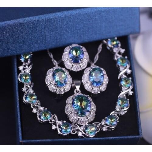 Summer New Style Rainbow Cubic Zircon Silver Color Jewelry Set For Women Bracelet Ring Necklace Earring Set Fast Ship