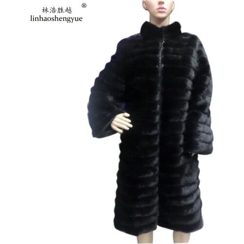 Linhaoshengyue 100 cm Long Real Mink Fur Coat Long Sleeve with Stand Collar