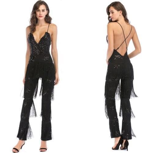 2021 New Arrival Fashion Sexy Backless Tassel Spaghetti Strap Slim Jumpsuit Women Sequins Long Pant Homecoming Prom Rompers