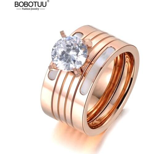 BOBOTUU CZ Crystal 3 In 1 Rose Gold Color Wedding Rings Jewelry Stainless Steel Rhinestone Engagement Anniversary Gift BR18053