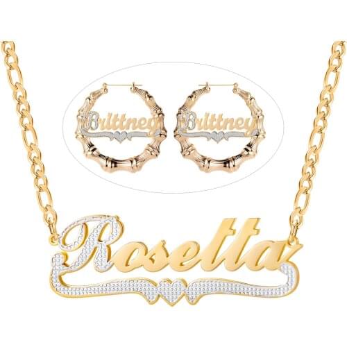 Personalized Custom Name Necklace Two Tone Jewelry 18K Gold Plated Double Layer Name Chain Bamboo Name Earrings Set For Women