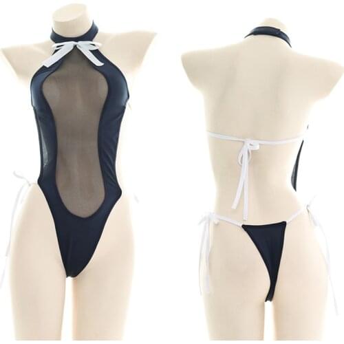Sexy Womens High Split Open Chest Mesh Sukumizu Bodysuit Swimwear Suit Backless Bandage Private Pajamas Swimsuit Underwear Set