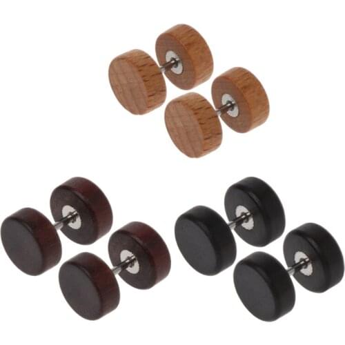 Natural Wood Screw Studs Earrings Fake Gauges Illusion Ear Piercing Plug Tunnel