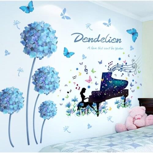 [shijuekongjian] Piano Girl Wall Stickers DIY Flower Plants Mural Decals for Kids Bedroom Living Room Kitchen Home Decoration