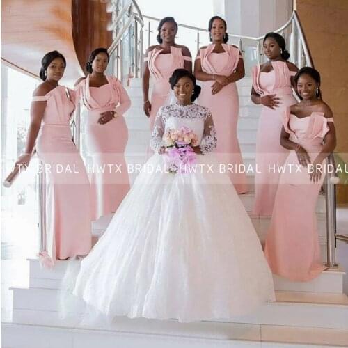Chic Pink Mermaid Bridesmaid Dresses Off the Shoulder Long African Women Wedding Party Gown Vestidos De Fiesta Maid Of Honor