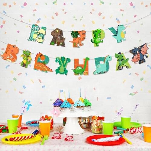 Dinosaur Theme Cake Topper Happy Birthday Banner Flag For Birthday Party Decorations Kids Boy Favors Supplies