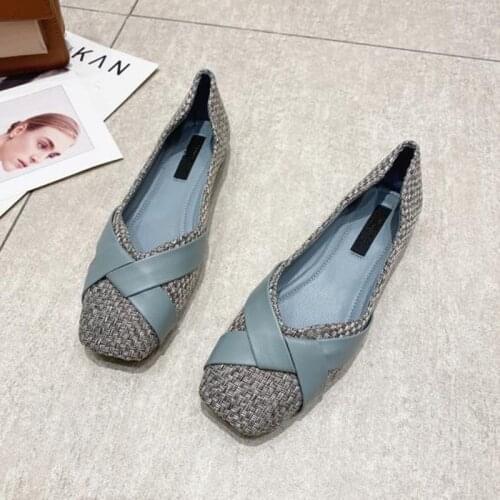 Womens Shoes Spring Autumn Soft Sole Flat Single Shoes Women Casual Loafers Slip On Flats Black Gray Square-toed Ballet Shoes