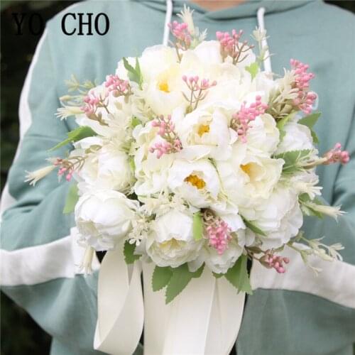 YO CHO Silk Roses Peony Wedding Bridal Bouquet Wedding Flowers Bridal Bouquet Holder Pink White Artificial Flower Bridal Bouquet