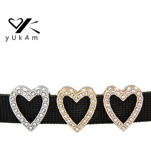 YUKAM Crystal Rhinestones Pave Hollow Heart Slide Charms Keeper for Stainless Steel Mesh Bracelet DIY Jewelry Accessories Making