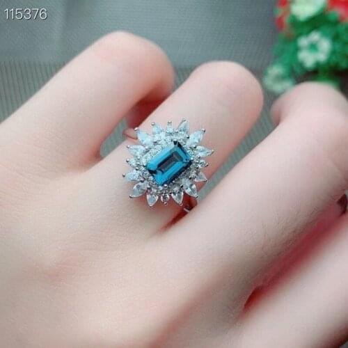 Fine Jewelry S925 Sterling Silver Inlaid Natural Blue Topaz New Girl Vintage Ring Support Test