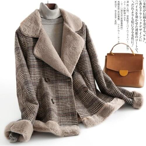 2019 Witer Wool Jacket for Women Lambswool Coat Female Vintage Double Breasted Houndstooth Woolen Coat Outerwear abrigo mujer