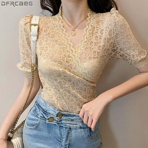 Korean Style V Neck Short Sleeve Lace Top Women 2020 Summer New Casual Hollow Out Elegant Womens Tops And Blouses