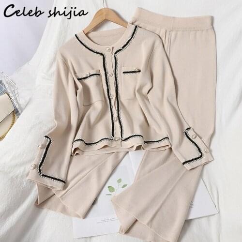 SHIJIA Apricot Elegant Knitted Two Piece Sets Woman Autumn Winter Button Sweater + High Waisted Pants Woman Business Runway Sets