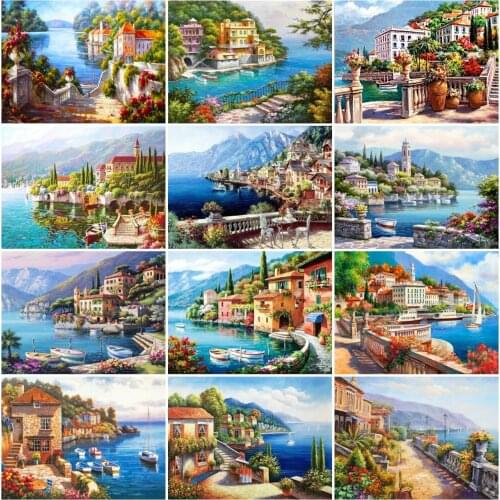AZQSD Diamond Embroidery Town Mosaic Rhinestones Full Square Diamond Painting Seaside Landscape Cross Stitch Handmade Home Decor