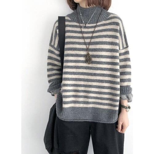 2021 Womens Autumn Spring Sweaters Korean Style Striped Loose Jumpers Ladies Turtleneck with Long Sleeve Pull Knitted Pullovers