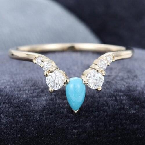 EDI Pear Shaped Turquoise Ring 14k Yellow Gold Moissanites Stacking Matching Ring Anniversary Wedding Band For Women