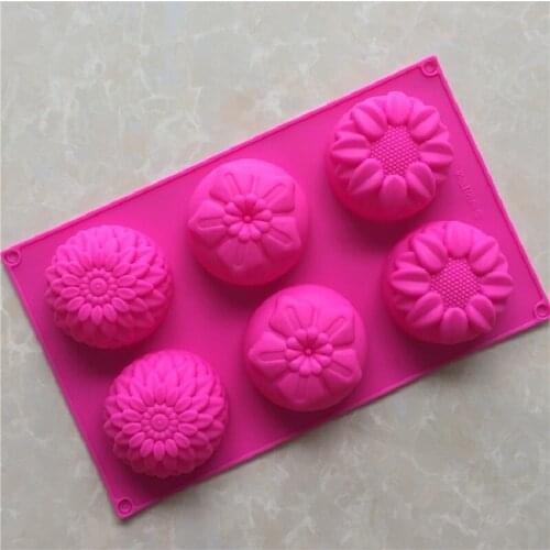 6 even 3 groups of flower shaped silica gel cake mold baking DIY handmade soap mold sunflower moon cake mould