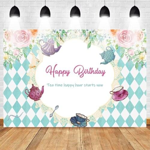 Tea Theme Backdrop for Photography Birthday Photo Background Photophone Party Backgrounds Flower Backdrop White and Green