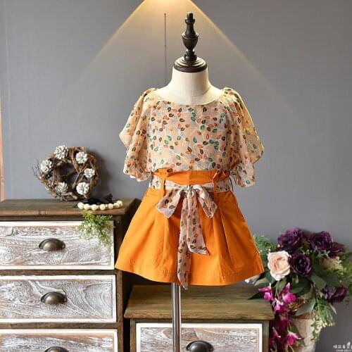 Girl Kid Toddler Bowknot T-shirt Clothes Floral Short Pants Outfit Baby Girls Summer Short Sleeves Chiffion Baby Clothing Sets