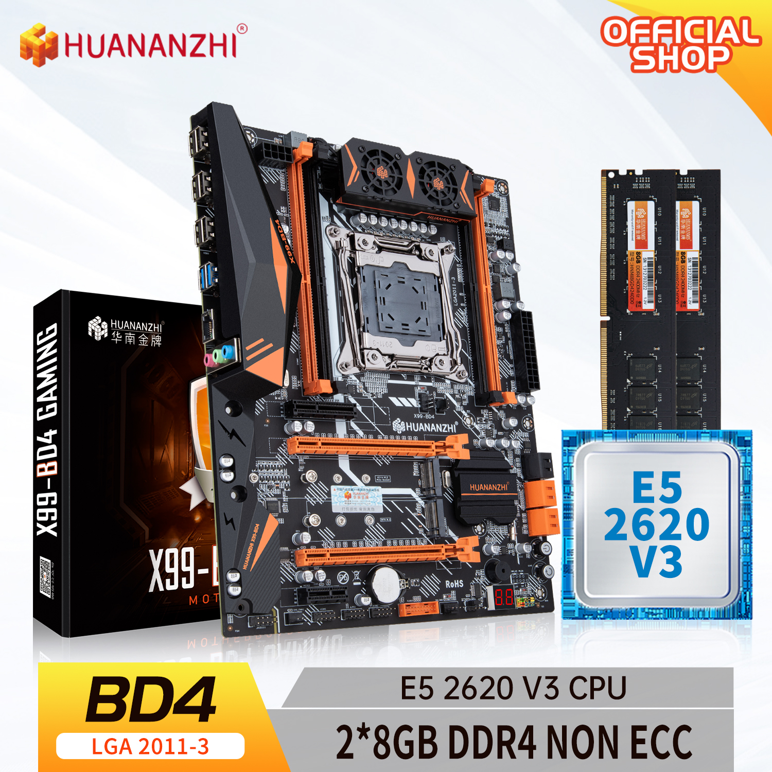 HUANANZHI X99 BD4 X99 Motherboard with Intel XEON E5 2620 v3 with 2*8G DDR4 NON-ECC memory combo kit set NVME NGFF SATA USB 3.0
