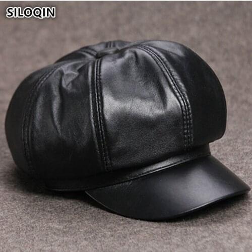 SILOQIN Unisex Genuine Leather Hat Sheepskin Leather Newsboy Caps For Men And Women Elegant Women Cap Visor Hat Trend Men Cap