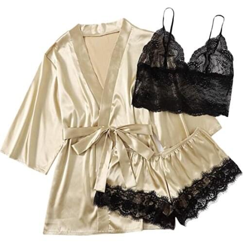 Long sleeve Womens Pajamas Sexy Lace Lingerie Nightwear Underwear Sleepwear 3PC Suit Pajama Sets For Women Pijama Mujer