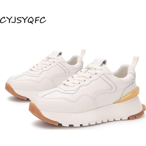 CYJSYQFC Chunky Platform Sneakers Women Flat Shoes Genuine Leather Round Toe Lace Up Thick Bottom Casual Sport Shoes For Autumn