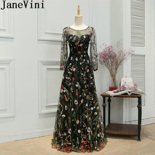 JaneVini New Lace Long Sleeves Gowns Girls Dresses For Party And Wedding Floor Length Prom Bridesmaid Dresses Vestido Dama 2019