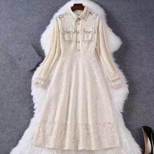 Fashion Designer 2021 Autumn Dress Women Solid Long Sleeve Lace Pockets Elegant High Quality Ladies Midi Dresses