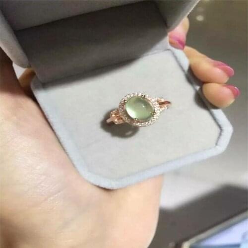 Natual Prehnite Woman Ring Free shipping Natural real Prehnite Ring 925 sterling silver Gem 7*9mm