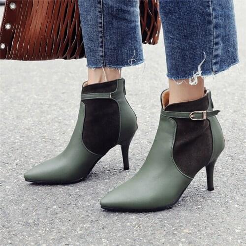 XJRHXJR New Women Ankle Boots Pointed Toe Buckle High Heel Boots Sexy Ladies Winter Boots Black Red Plus Size 32-46 Botas Mujer