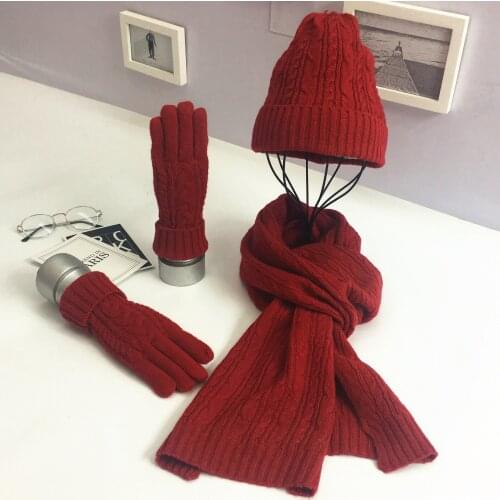 New autumn and winter womens fashion ski warm three-piece suit mens classic twist hat scarf glove suit