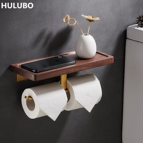 Walnut Bathroom Tissue Holder Brushed Gold Aluminum Storage Organizer Shower Rack Mobile Phone Shelf Nail Punched Bath Hardware