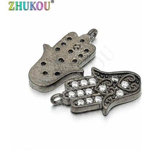 9*15mm Brass Cubic Zirconia Lucky Hand of Fatima Vintage Hamasa Hand Charms Connectors, Hole: 1mm, Model: VD59