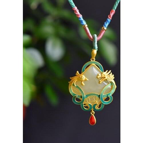 Prosperity Brought by the Dragon and the Phoenix Hetian Jade Necklace Womens Sterling Silver Chinese Style Ethnic Styl