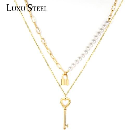 LUXUSTEEL Heart Key Lock Double Pendant Necklace Collars Stainless Steel Imitation Pearl Necklace Choker Wholesale Party