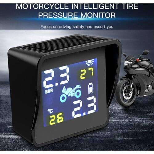 Wireless Solar LCD Motorcycle TPMS IP65 Waterproof Tire Pressure Temperature Monitoring Alarm System with 2 External Sensors