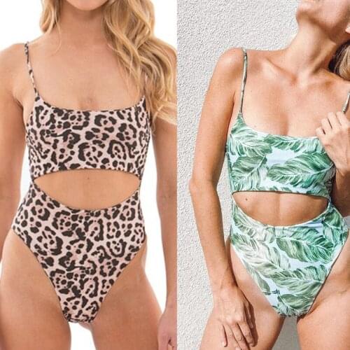 Sexy One-Piece Suit Cut Out Swimwear Leaf Print Beachwear Push Up Monokini Female Bodysuit